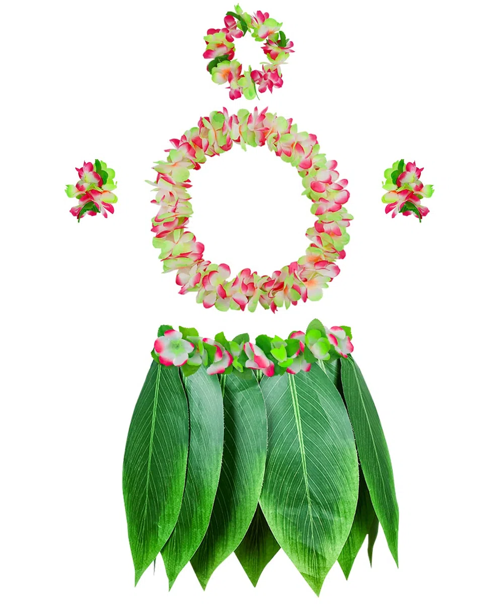 Gonna Hula a Foglie con Leis Hawaiani Gonna in Erba e Fiori di Ibisco Artificiali Costume per Feste Hawaiane Luau Tiki da Spiaggia (Colore 8)