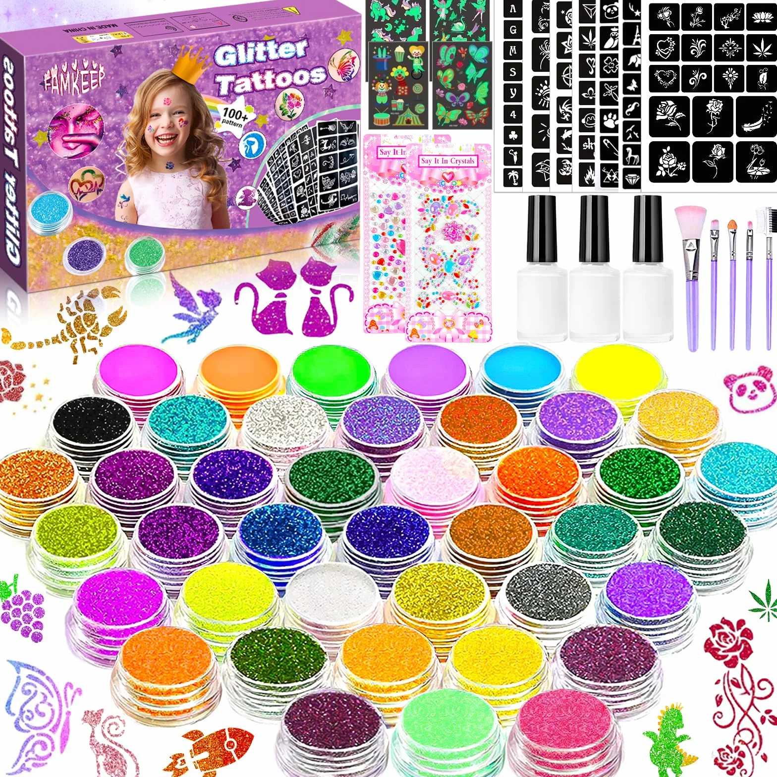 FAMKEEP Set Tatuaggi Glitter,42 Colori Tatuaggi Kit,223 Stencil, 5 Pennelli, 3 Colla,Tatuaggi Impermeabili Kit Tatuaggi Flash per Ragazzi, Ragazze e Festa,Regali per Natale e Carnevale