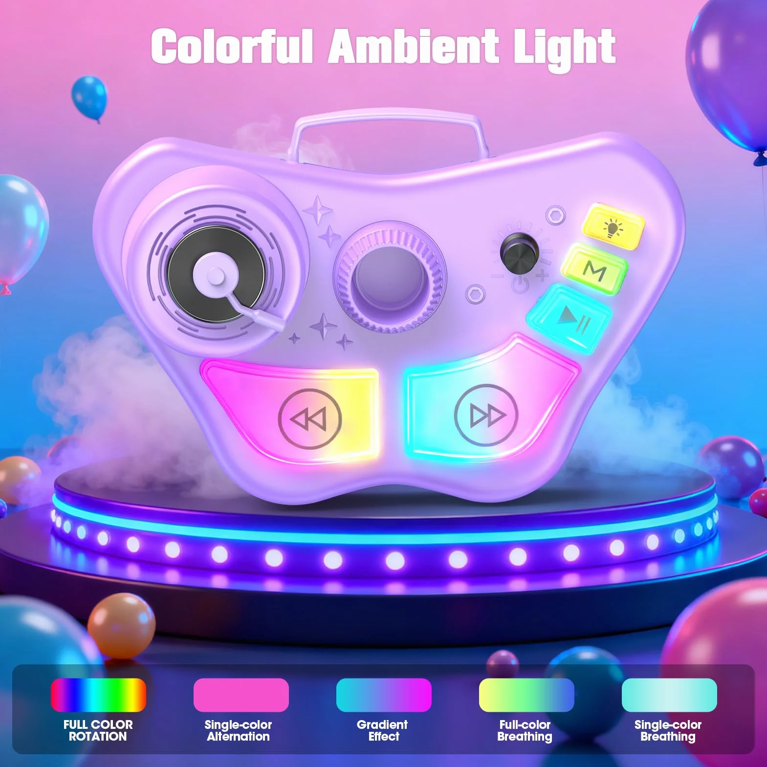 Microfono Karaoke per Bambini con Supporto, 2 Microfoni Wireless, Luci Colorate, Bluetooth, USB, AUX, TF Card, Altezza Regolabile 47-108 cm