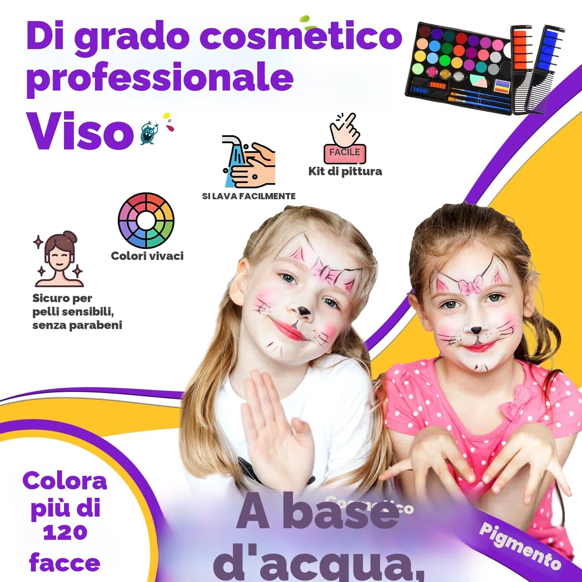 Truccabimbi Kit - 28 Colori Truccabimbi Kit Anallergici Atossici Professionali con 3 Pennelli 30 Stencil Regalo Bambina 3 4 5 6 7 8 9 Anni- Trucca Bimbi Viso Bambini per Halloween, Carnevale, Pasquale