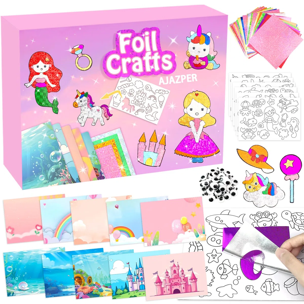 AJAZPER Scratch Art Bambini, Foil Craft Attività di Colorazione, Kit Artigianali Creativo Fai Da Te Giocattoli, Regali per Ragazzi Ragazze 4+ Anni (Rosa)