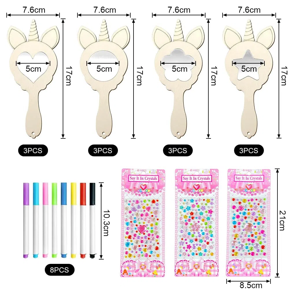 Unicorno Specchio in Legno Fai da Te 12 Pezzi Kit Lavoretti Creativi per Bambini Mini Specchio a Mano con Manico per Ragazze