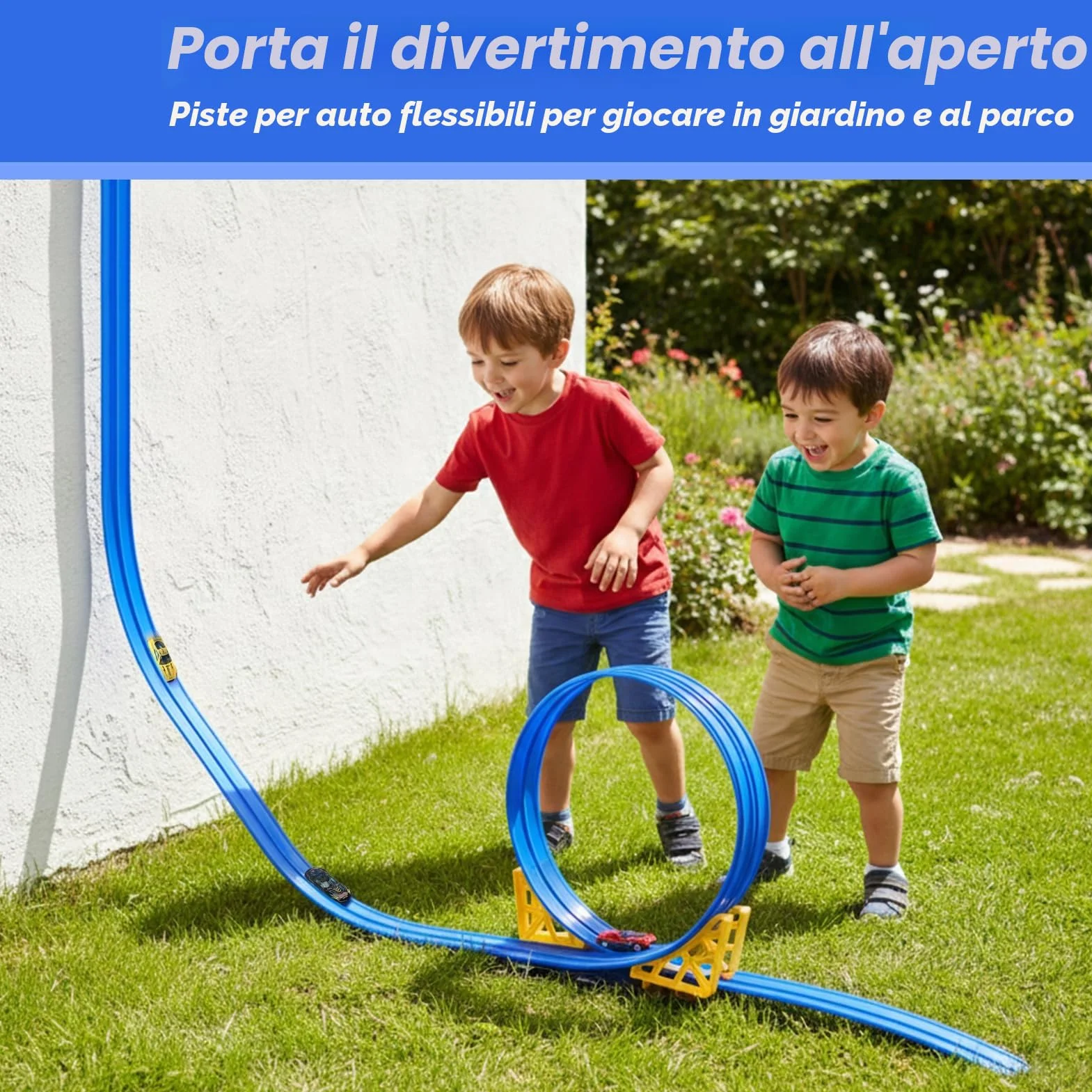 Dreamon Piste Macchinine per Bambini 3 4 5 6 7 Anni 5 Metri Pista Flessibile Macchinine con 4 Macchinine 2 Rampe 1 Borsa Portaoggetti 4 Ventose Regalo per Bambino e Bambine