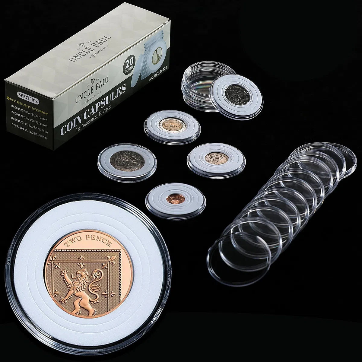 Uncle Paul 20 Set Capsule per Monete 46mm con 6 Misure (20/25/30/35/40/46mm) Guarnizioni in Schiuma Protezione Porta Monete per la Collezione di Monete