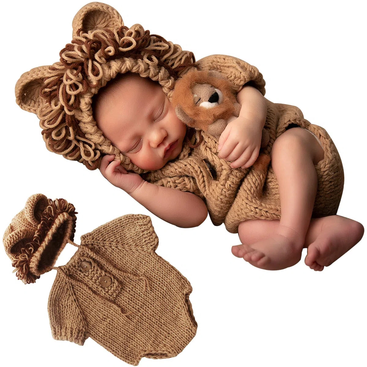 Abiti Fotografici Neonati Bambini Uncinetto Lavorato a Maglia Photoshoot Props Animal Costume Set, Tutina Realizzata a Maglia per Neonato, Motivo Leoncino