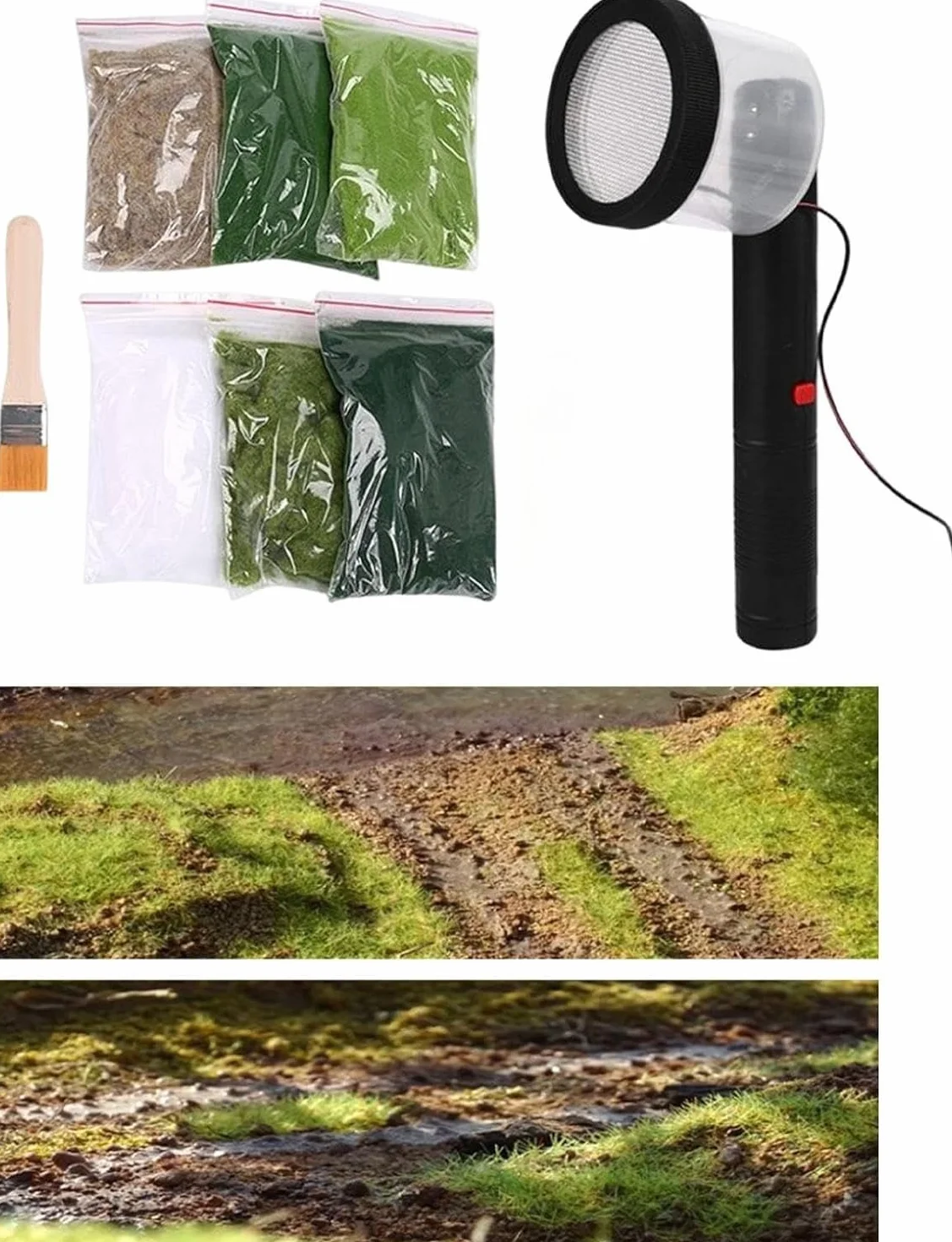 Applicatore di erba statica, strumento elettrostatico per floccaggio con spazzola e 6 tubi per erba per fai da te prato in miniatura scena, modellismo, architettura, paesaggi