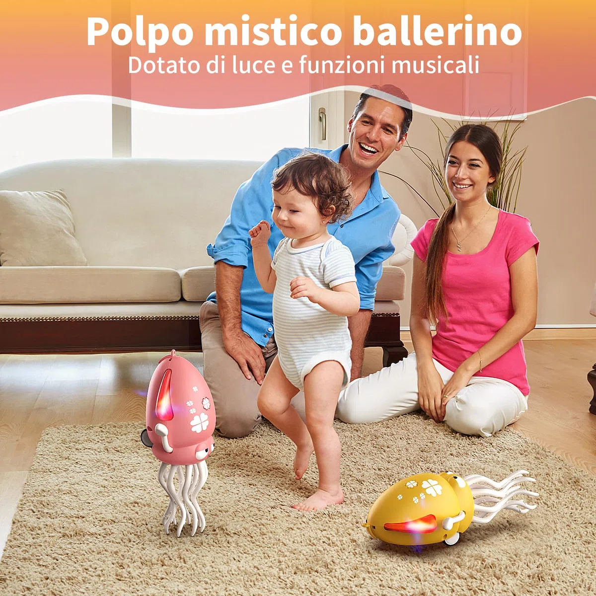 Giocattolo interattivo a forma di polpo, polpo danzante con illuminazione a LED, sistema di evitamento ostacoli intelligente e musica, giocattolo per bambini da giocare a pancia in giù (rosso)