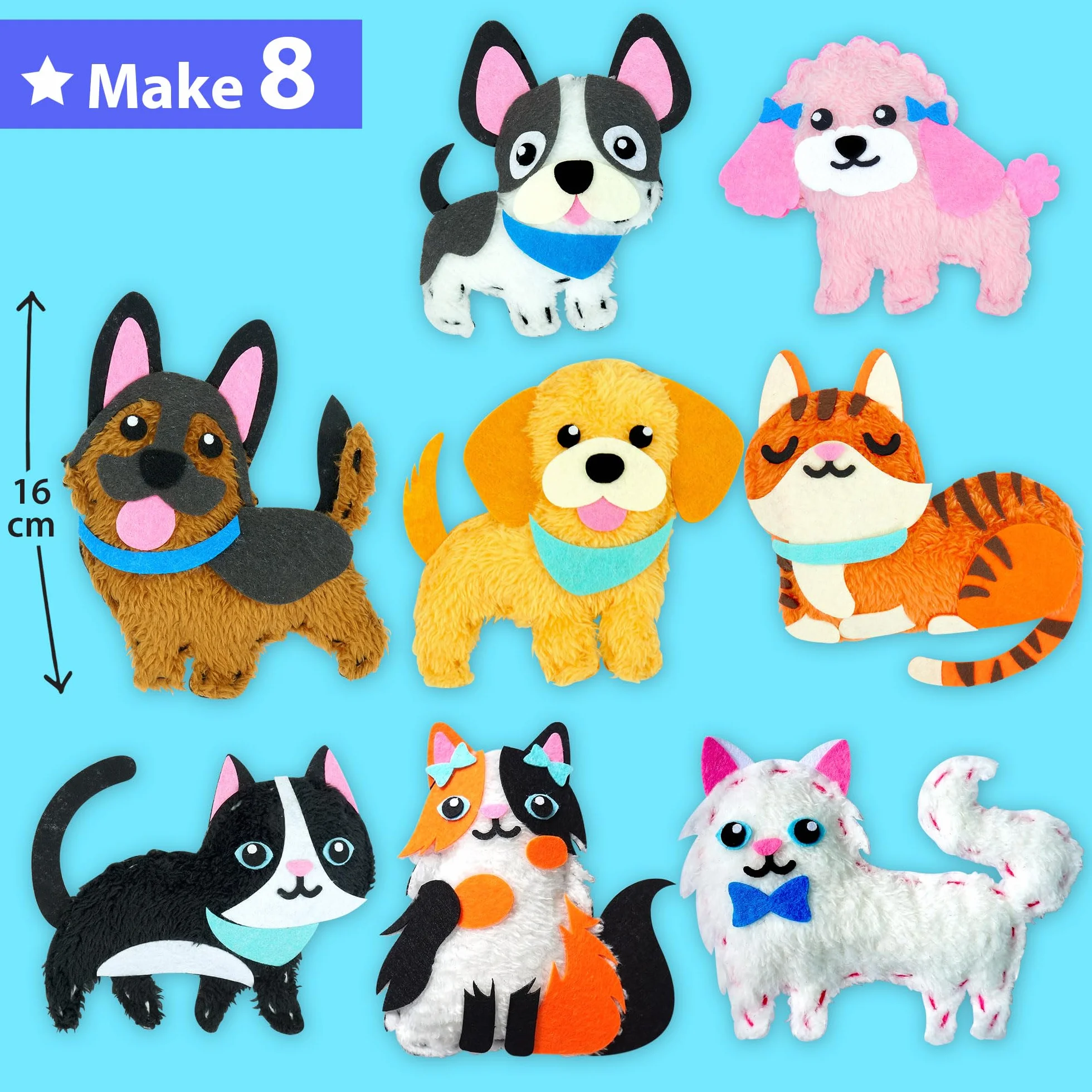 KRAFUN Kit da Cucito Cuccioli e Gattini per Bambini 5+ Anni, 8 Progetti Fai da Te (Cani, Gatti), Feltro, Istruzioni, Scatola Riutilizzabile, Giocattolo Educativo