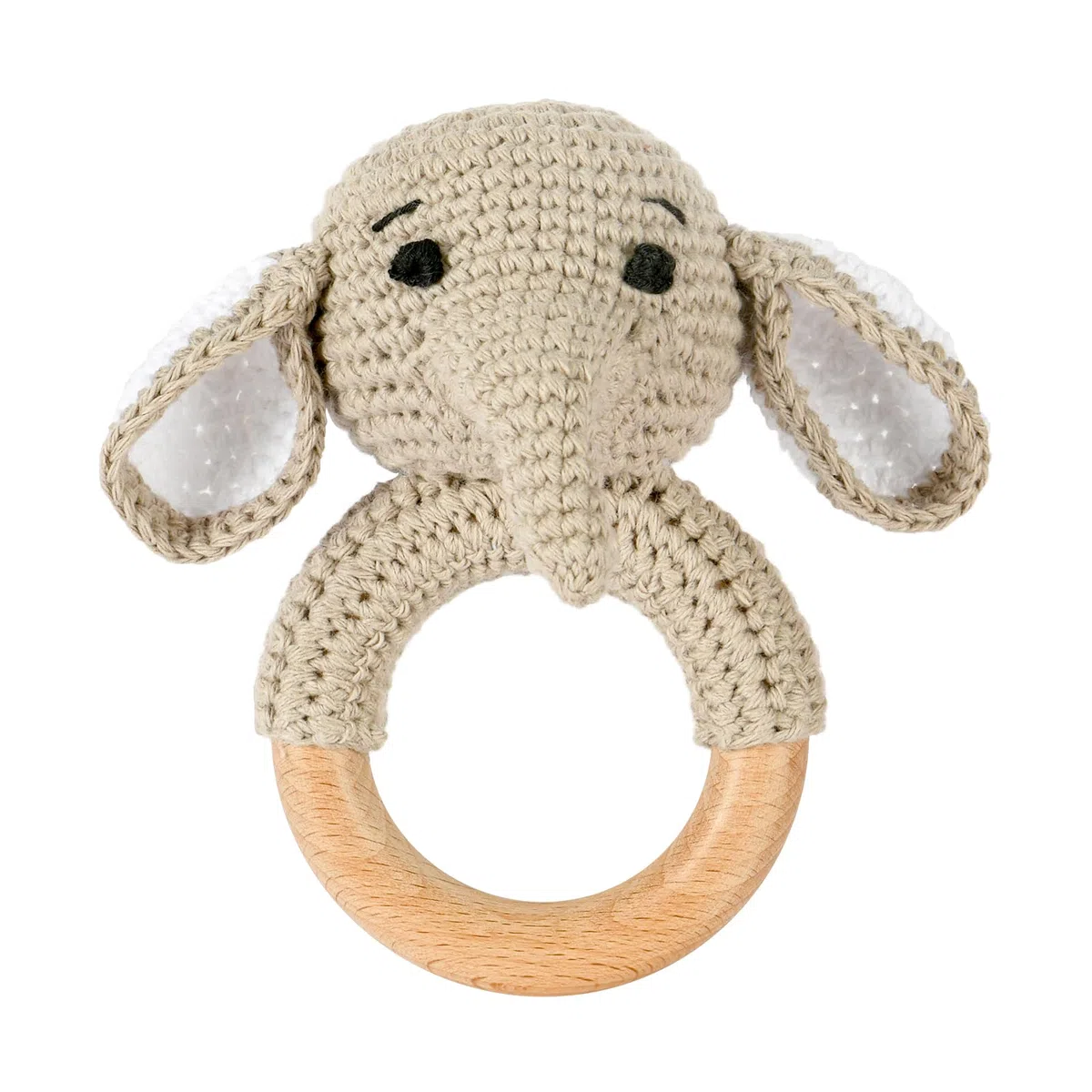 OFFCUP Sonaglio Neonato All'uncinetto con Anello Giochi Sensoriali in Legno Giocattolo Sonaglio Neonati Montessori Giochi Neonato per 0+ Mesi Bambini, Regalo Neonato -Elefanti