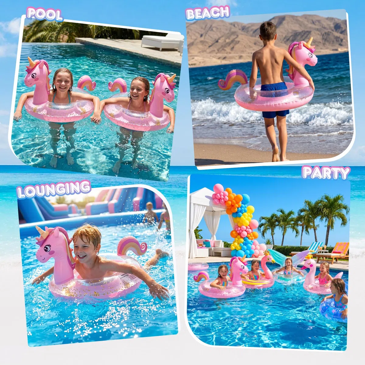 Salvagente Bambini, Salvagente Unicorno Fenicottero Pony Cigno, Ciambella Gonfiabile, 70/90 cm, Giochi Piscina, per Piscina e Spiaggia
