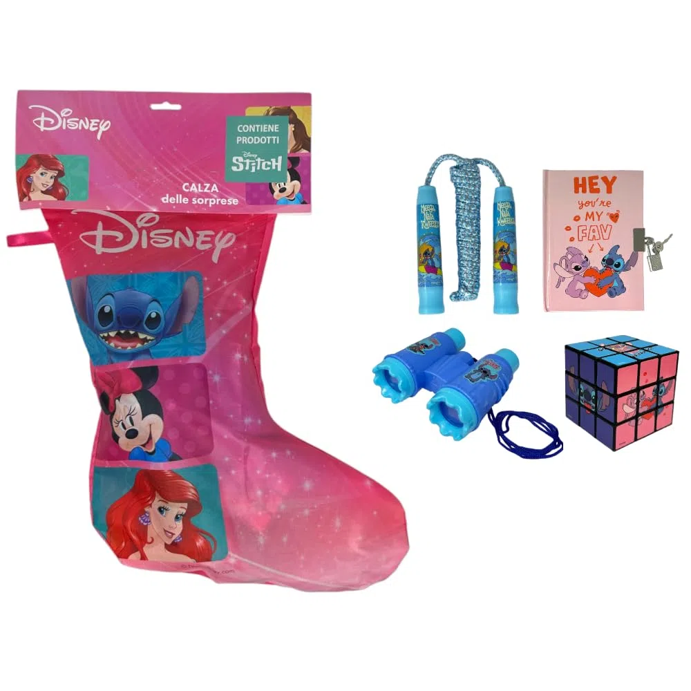 CARTOON Calza della befana con Accessori Stitch e Angel Disney calzettone con 4 Giochi per Bambini, Stitch Rosa