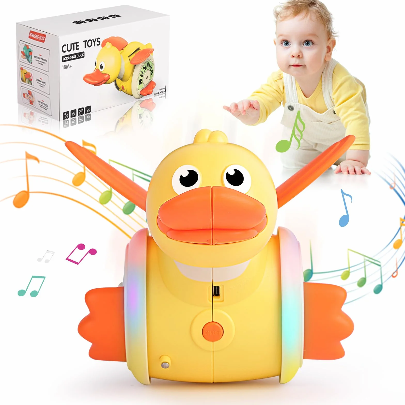 Paperella che striscia, giocattolo per bambini di 1 anno, con controllo del suono e della velocità, ricaricabile tramite USB, per bambini dai 6 mesi ai 5 anni