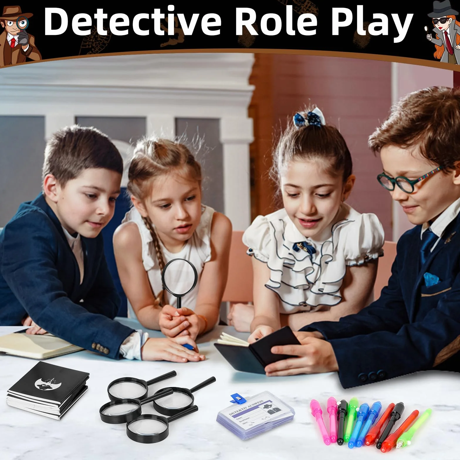 Bambini Giocattolo Detective 50 Pezzi, Penna UV Taccuino Carte D'Identità Lente D'Ingrandimento, Kit Spionaggio Gioco di Ruolo Regali di Compleanno