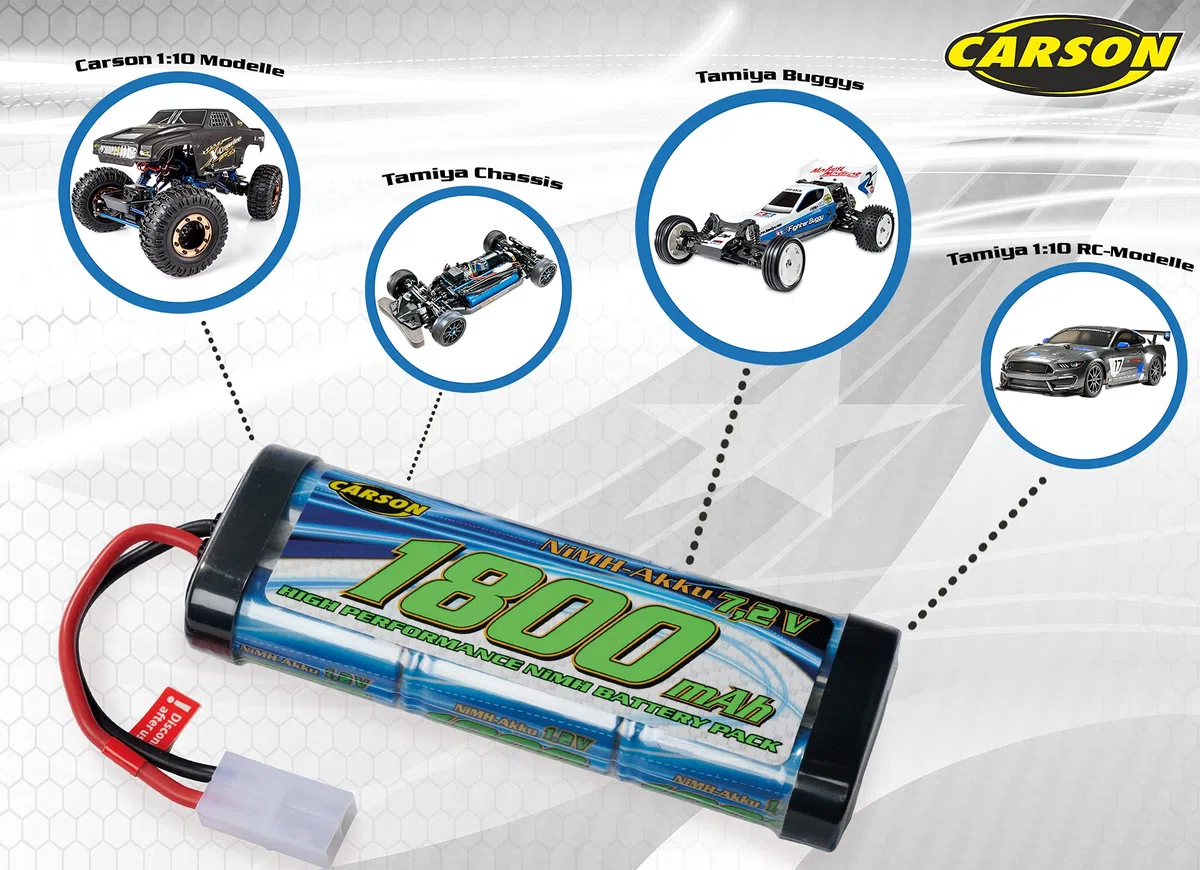 Carson 500608221 7,2V/1800mAh NiMH Race batteria TAM - ricaricabile, con connettore Tamiya, pacco batterie per auto RC, batteria di ricambio veicolo telecomandato, alta qualità, modellismo