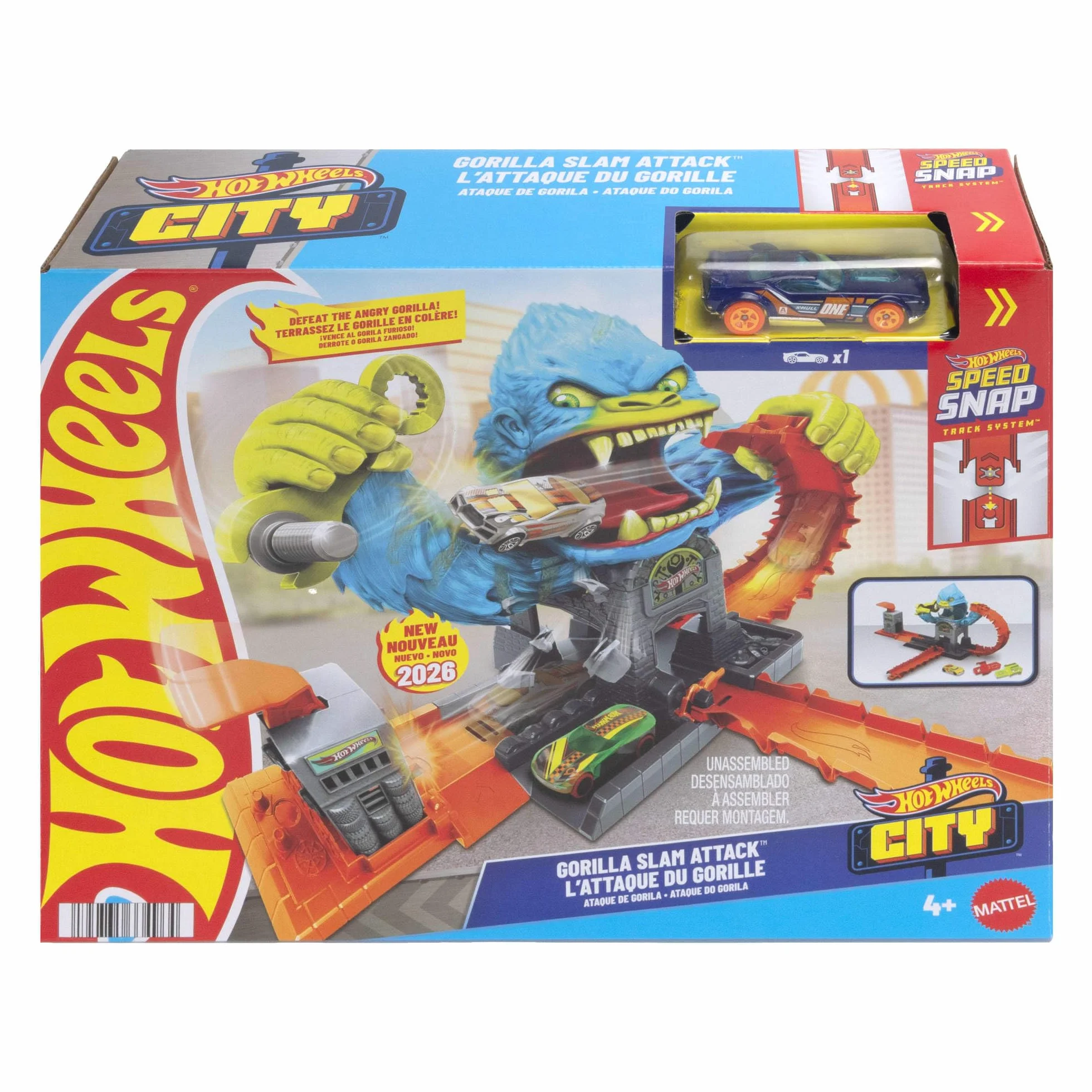 Hot Wheels - Attacco del Gorilla, set con curva pieghevole e officina, sconfiggi il gorilla e vinci la corsa, veicolo incluso e pista con sistema Speed Snap, 4+ anni, JHL92