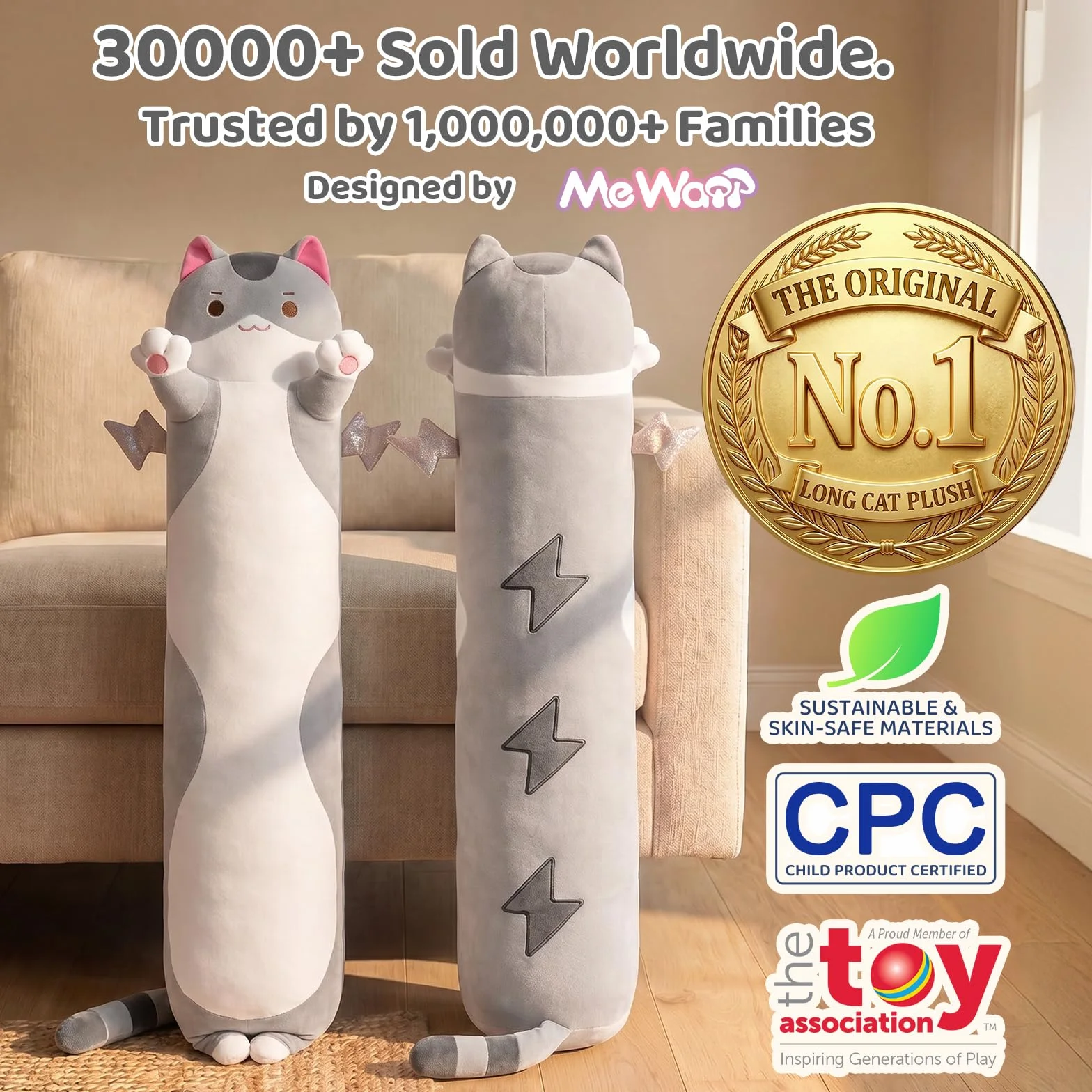 Mewaii Carino Gatto in Peluche Cuscino lungo Cuscino Animale Bambola Giocattoli Kawaii Soffici Comfort Cuscino in Peluche per Regalo per Bambini dai 3 anni in su, 50 cm, Gatto Grigio)