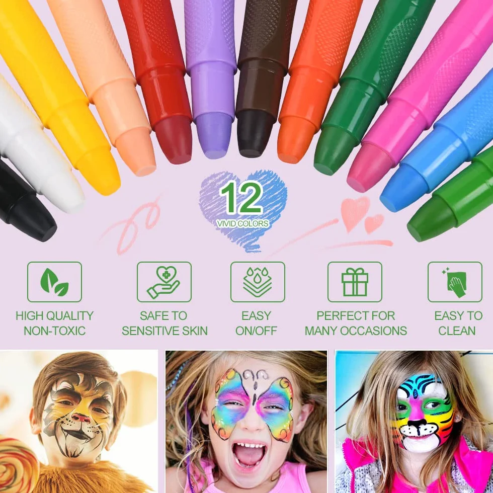 URAQT Truccabimbi, 12 Body Painting Colori, Face Painting Bambini Pittura Corpo Sicuro e Non Tossico, Halloween Matite Trucco per Carnevale, Pasqua, Cosplay, Make Up, Pancia Gravidanza