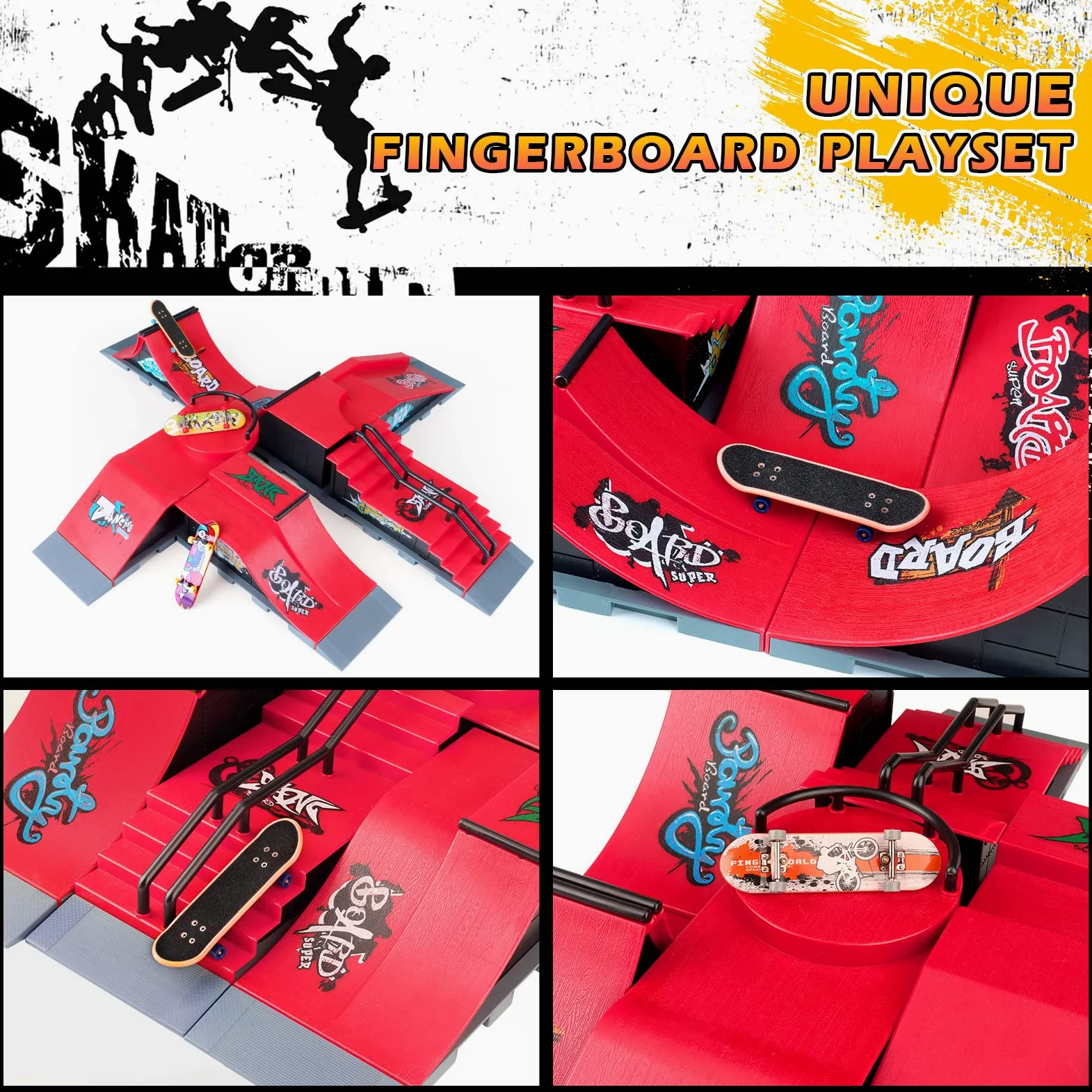KETIEE Mini Skateboard da Dita con Rampa, Finger Skateboards Rampa con 2 Fingerboard e Finger Scooter Skatepark Rampe Finger Skate Park Kit per i Regali dei Bambini (1810-6E Aggiornamento)