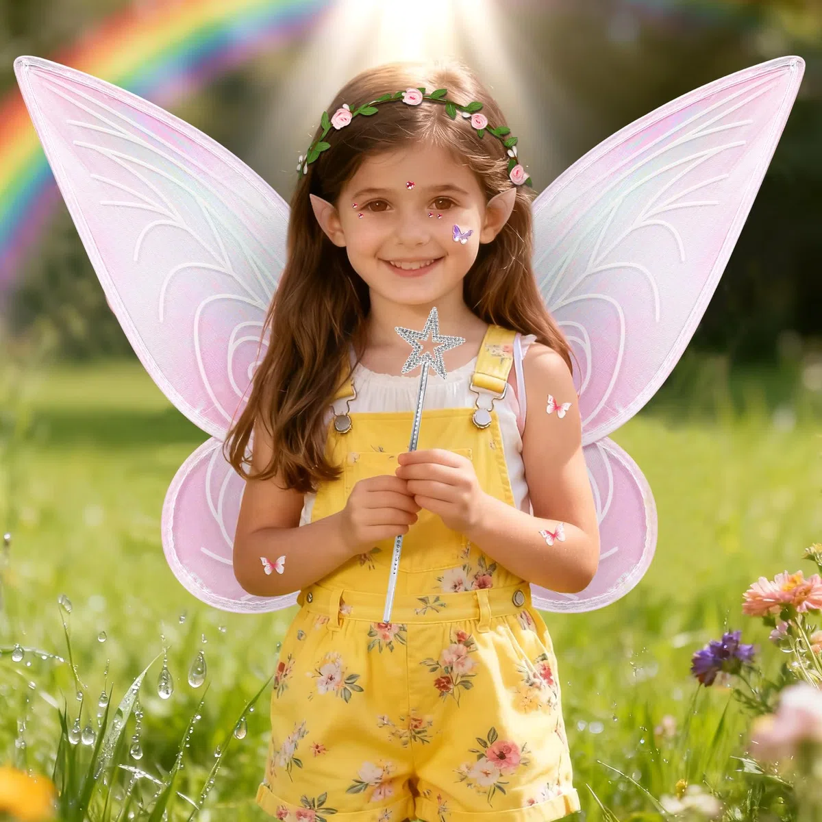 Ali da fata, ragazze Fairy Wings Costume,5 pezzi ali di farfalla con orecchie da elfo delle Fate Bacchetta Magica adesivi, Ali da Fata per Bambini per Halloween Carnevale Festa a Tema（Rosa）