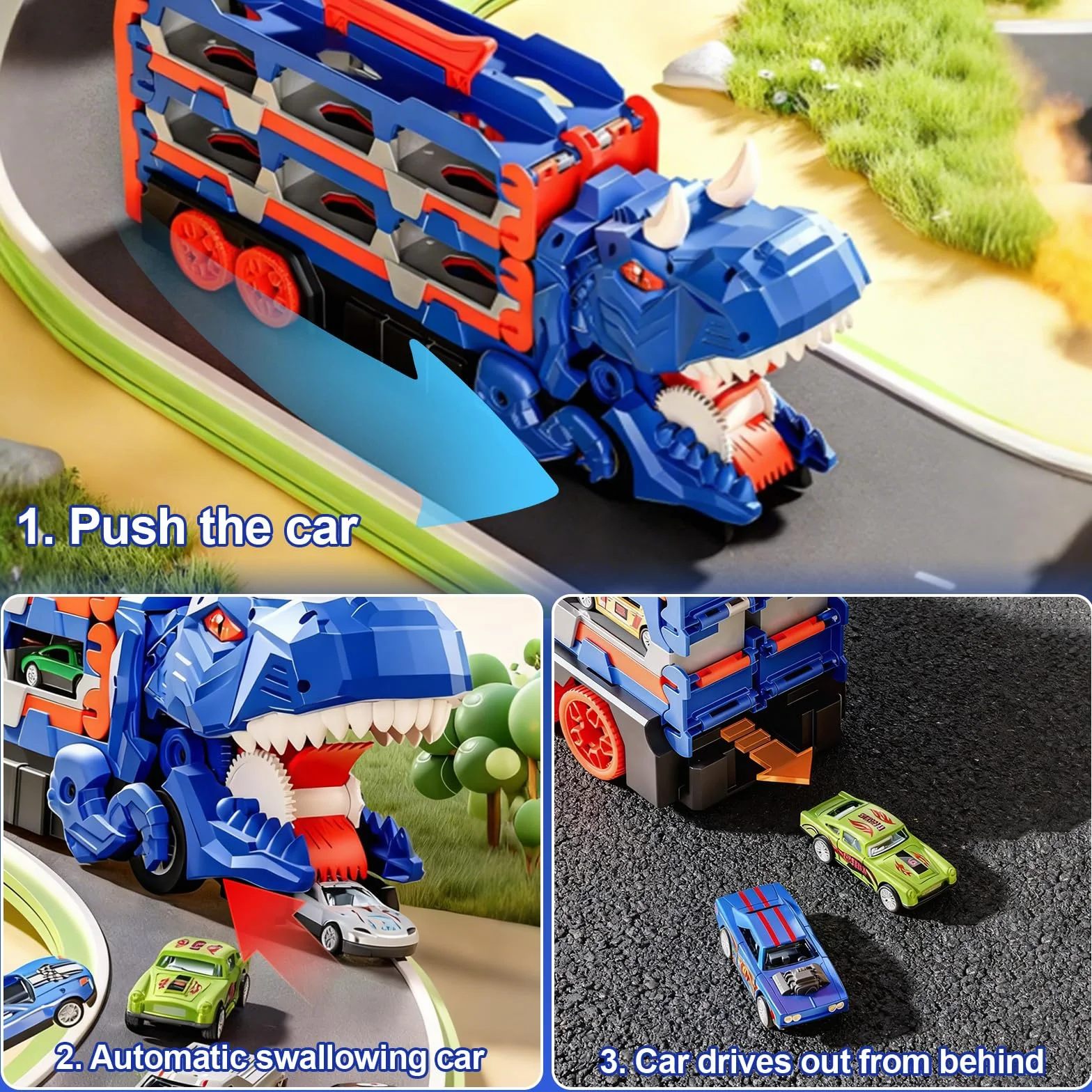 Camion Trasporto Dinosauri, Transporter Truck Macchinine Giocattoli con 12 Auto da Corsa e Pista Pieghevole Camion Trasportatore di Dinosauri Giocattolo Regalo per Ragazzi dai 2 3 4 5 6 7 Anni