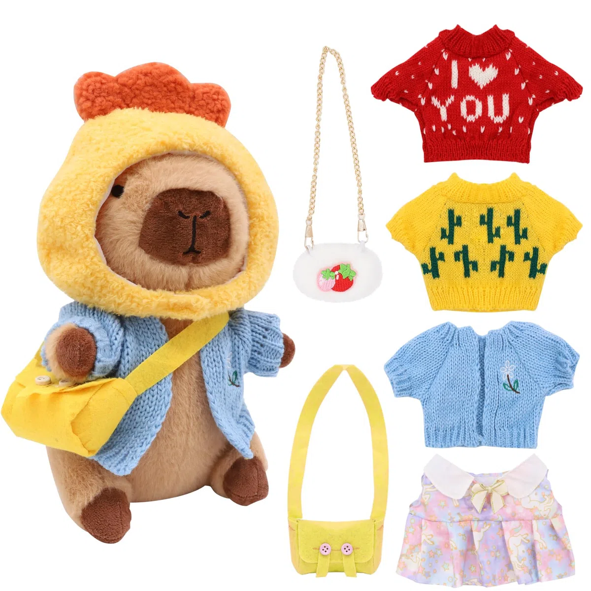 Capybara Peluche 8pcs Set, 23cm Peluche Capybara Bambola, simpatici plush Capibara, peluche per bambini con vestiti e accessori, decorazione per la casa a forma di animale di plush per il soggiorn