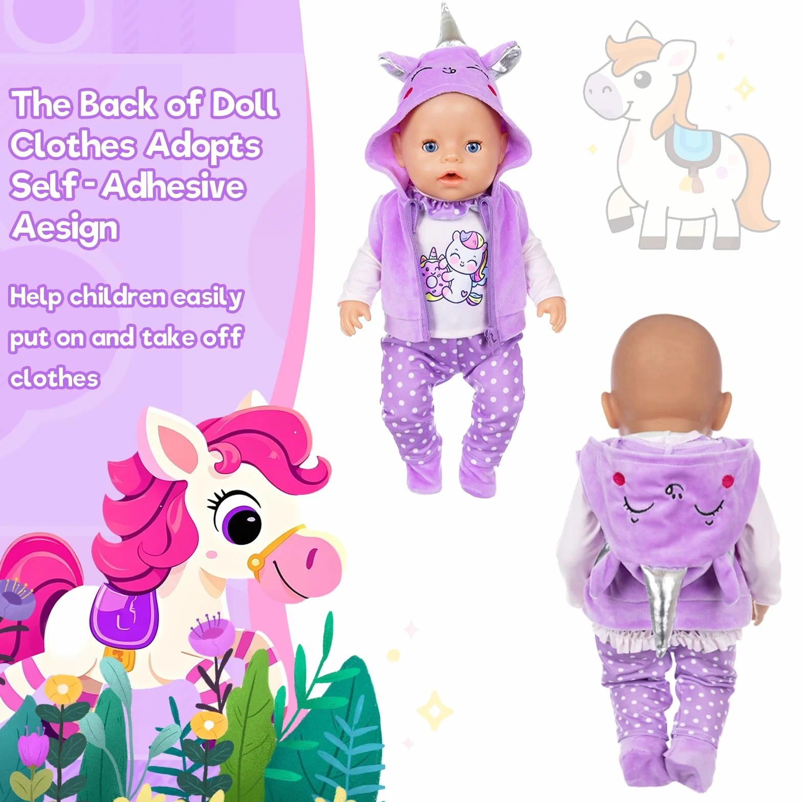 Abbigliamento e outfit per bambole neonate, abbigliamento per bambole pony 36-45 cm con felpa con cappuccio, pantaloni a punta a maniche lunghe, scarpe, set di abbigliamento per bambole, 12-18 pollici