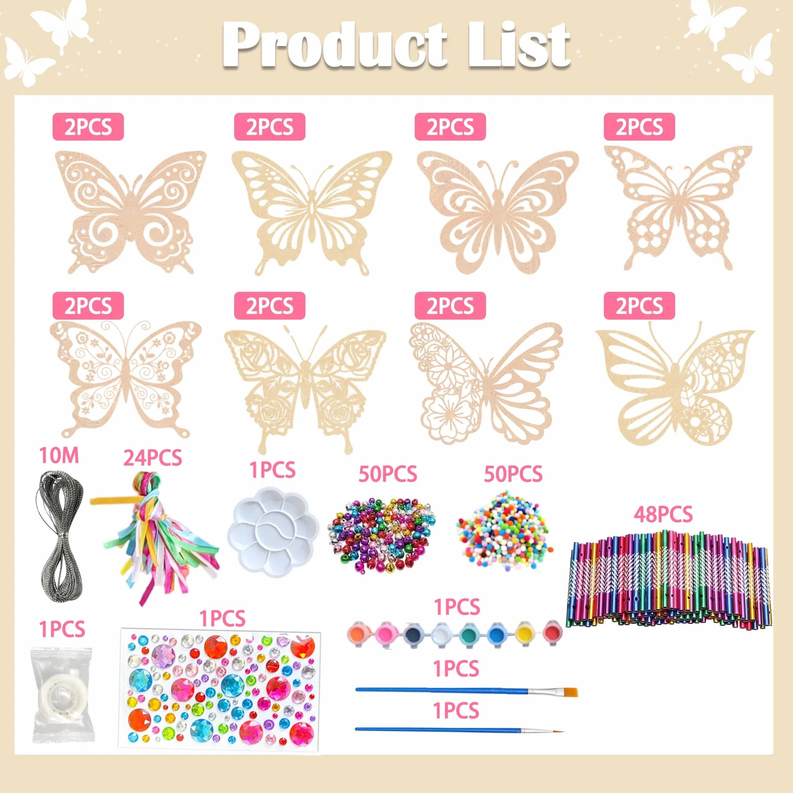 Beafaeur 174 Pezzi Campane a Vento Farfalla Kit, Bambini Primavera ​Regalo Craft per Dipingere con Farfalle Pendente in Fiori, Campana, Decor Pasquali Fai Da Te Bomboniere Giardino di Casa Corridoio