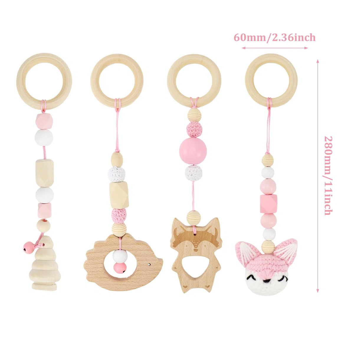 BINYI 4 Pezzi Palestrina Neonato Montessori Arco Giochi per Passeggino da Appendere Giocattoli di Legno per Bambini Pieghevole Gioco Auto Neonato Baby Gym con Ciondolo in Legno (Rosa)