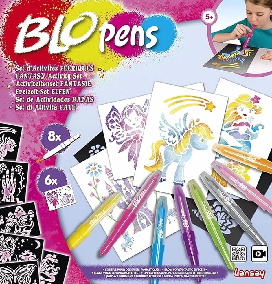 Lansay - BLOPENS - Set attività Fatate - Pennarelli da Soffiare con Stencil Riutilizzabili - Idea Regalo Bambini dai 5 Anni - Kit Creativo Disegni Fate, Unicorni e Sirene Glitterate
