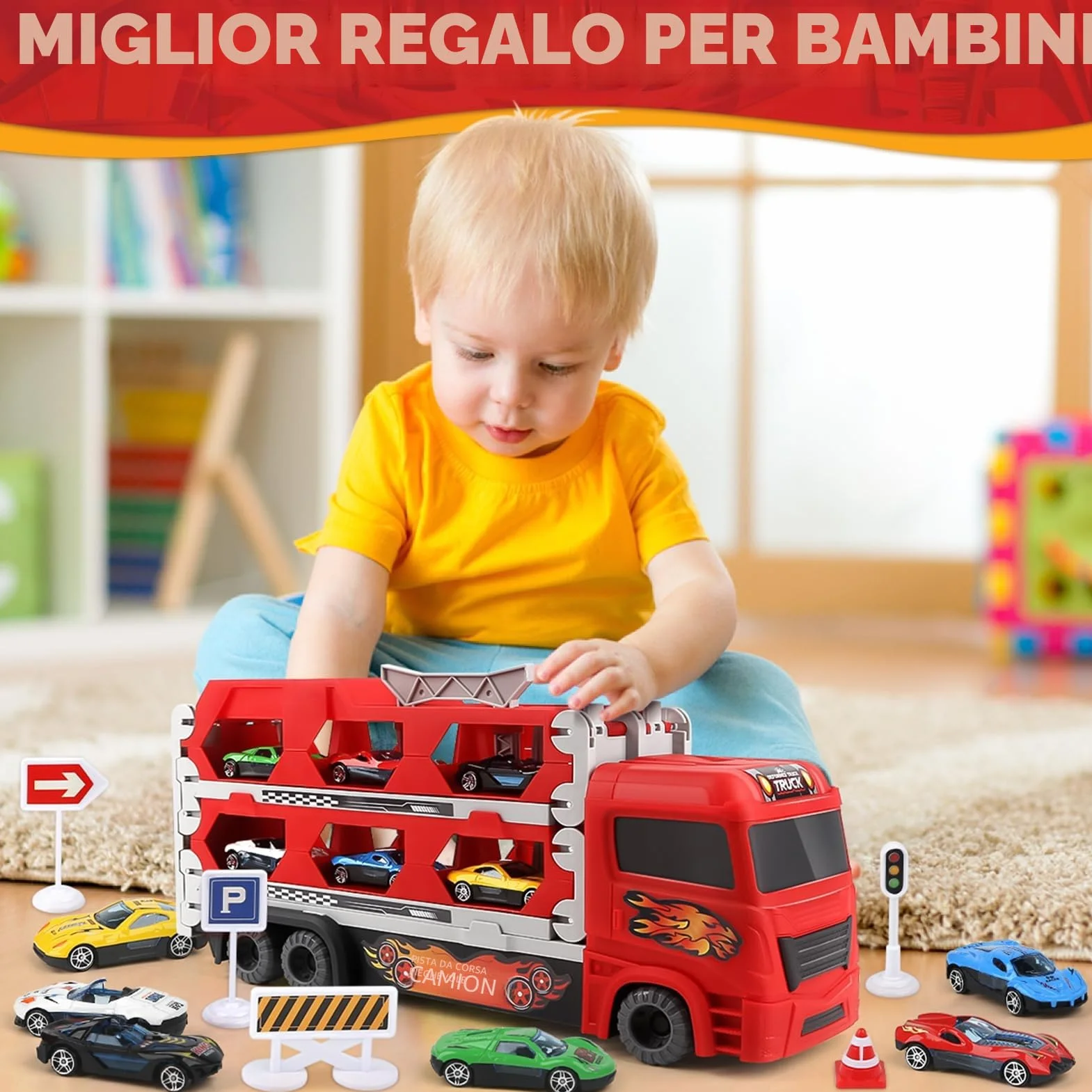 Aoskie Transporter Truck Macchinine Giocattoli per Ragazzi 3 4 5 6 Anni, Camion con 6 Macchinine Tiranti in Lega, Regalo Caldo Auto per Bambini