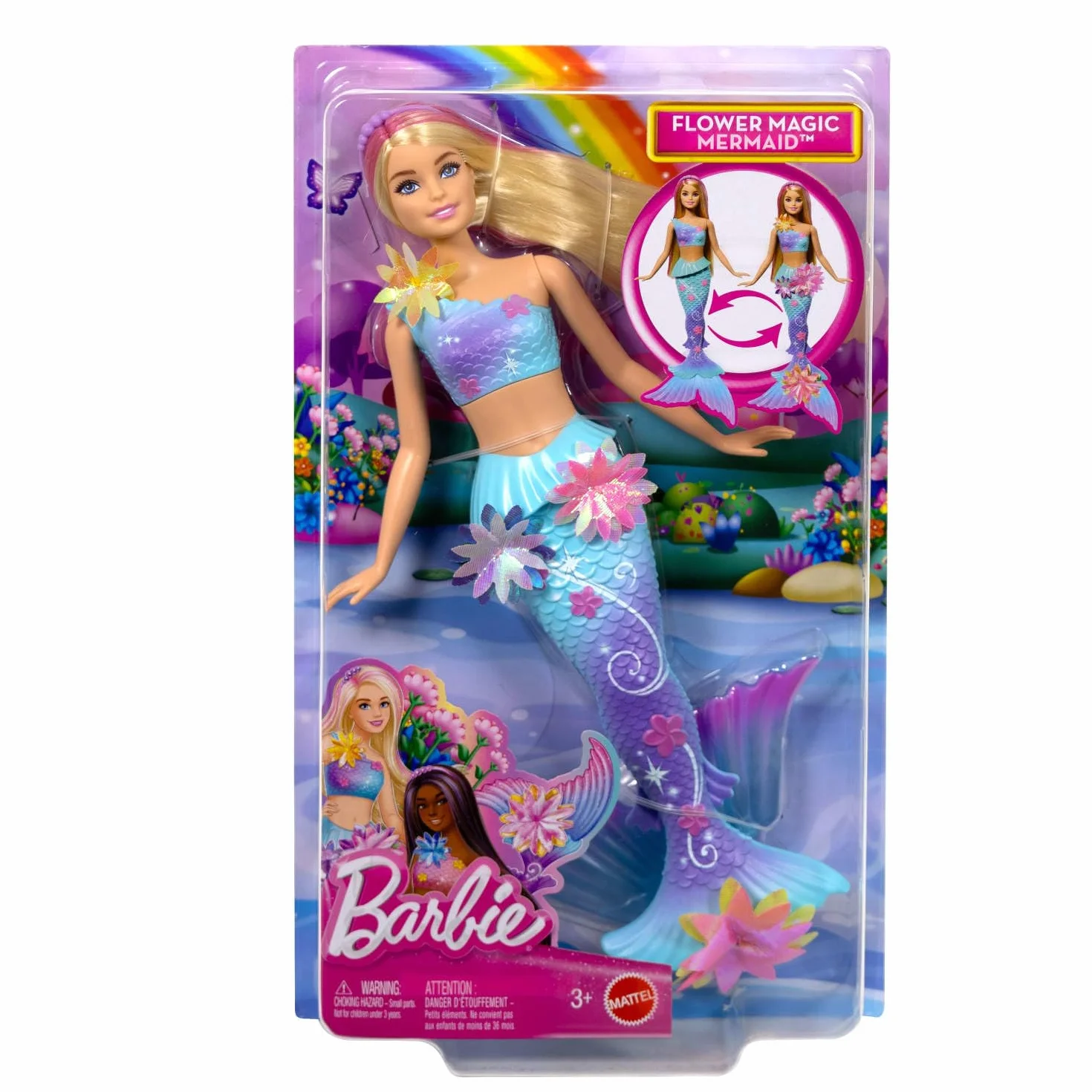 Barbie - Sirena Magia Floreale, bambola dai capelli biondi con coda sfumata e fascia con perle, magica sorpresa e fiori che sbocciano inclusi, giocattolo per bambini, 3+ anni, JDM72, Viola