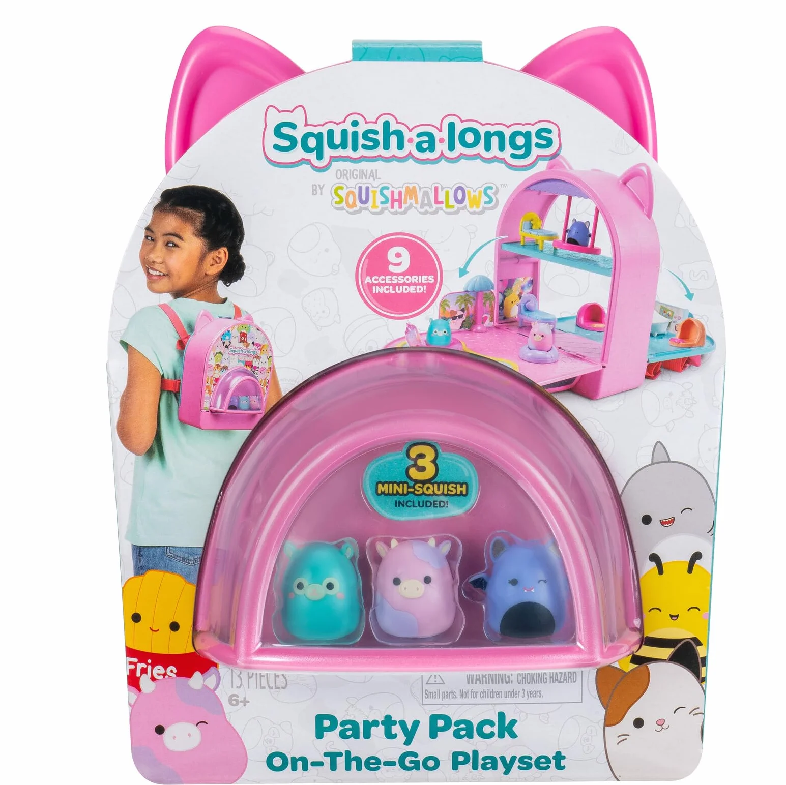 Squish-a-longs Original Squishmallows Party Pack On-The-Go Playset - Serie 1 - Tre mini squish da 2,5 cm con 9 arredi - Colleziona, scambia e gioca