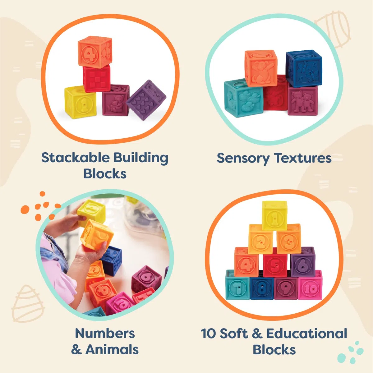 B. toys - Uno due spremute - Blocchi per bambini - Giocattolo da impilare e costruire per bambini - 10 blocchi morbidi ed educativi - Numeri, forme, colori, animali - 6 mesi +
