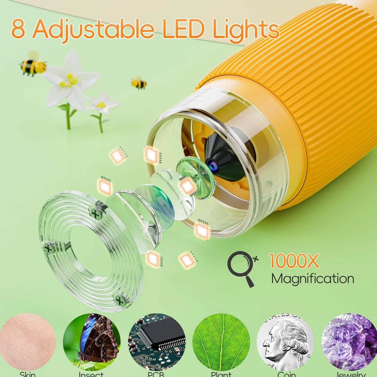 Microscopio per Bambini, SGAINUL Microscopio Digitale da 2.0‘’ Microscope Elettronico Portatile 1000X con 8 luci LED Regolabili, Adatto come regalo di Natale, Compleanno o Capodannodai 3 agli 8 anni