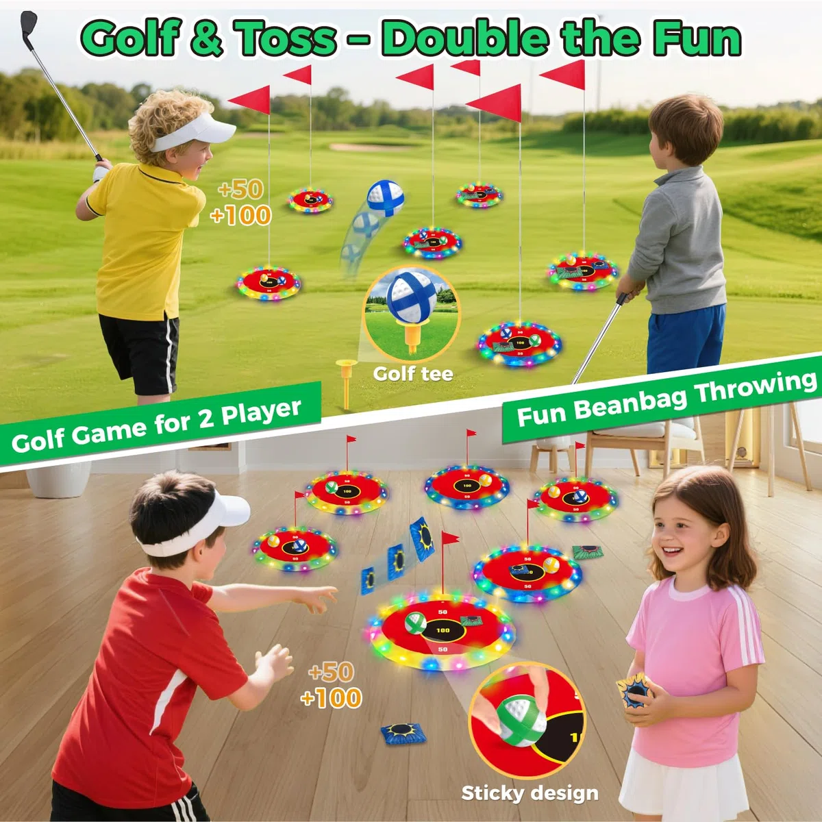 VATOS 2-in-1 Golf con luci per bambini - Gioco di chipping e lancio di borse con 6 bersagli LED, 2 mazze, 18 palline, golf notturno per feste in interni ed esterni, regali sportivi per bambini di età