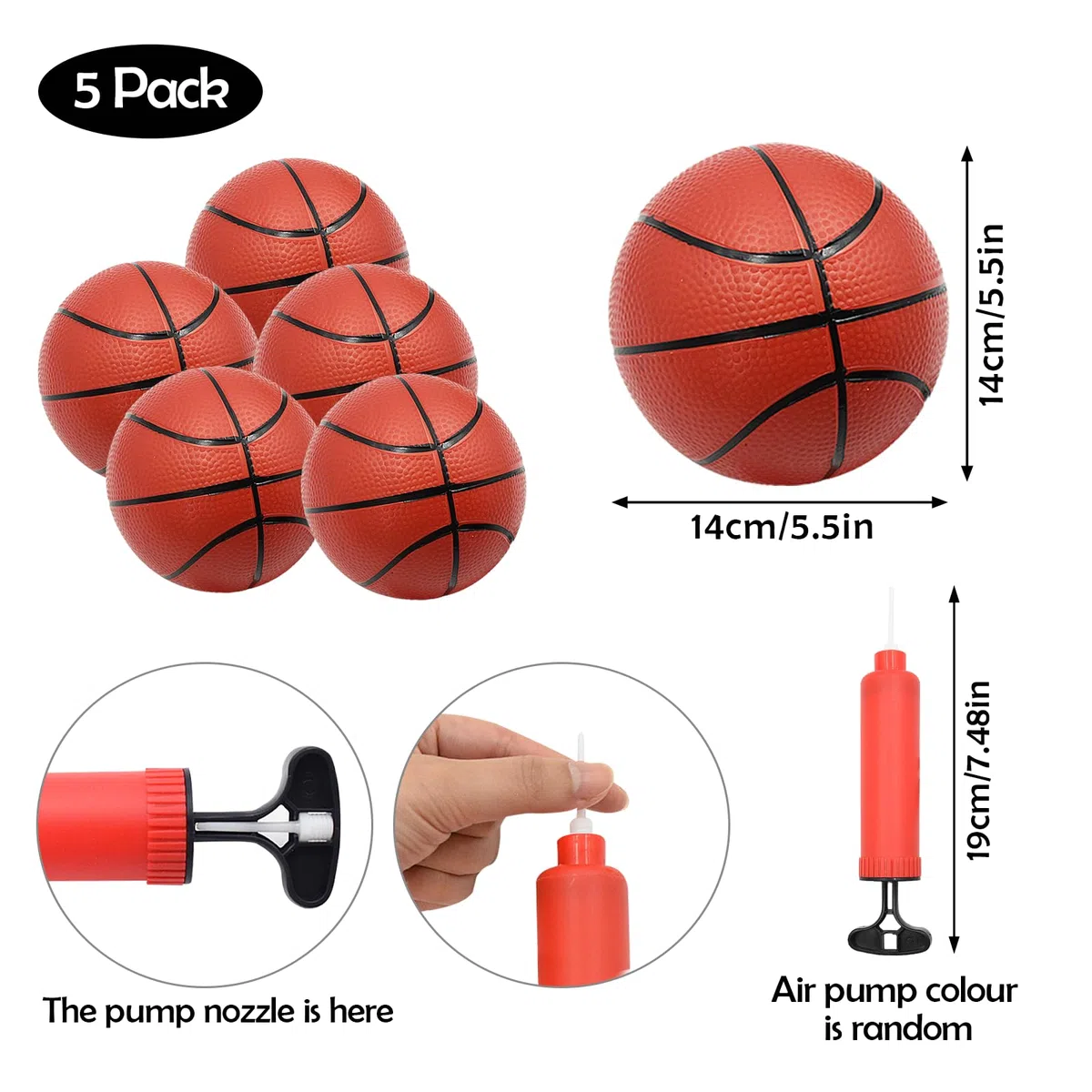 Mini-Basket, 5 Pezzi da 14 cm Piccole Palle da Basket, Palloni da Basket Gonfiabili per Bambini con Pompa, Palloni da Piscina per Giochi Sportivi da Spiaggia per Feste Indoor e Outdoor
