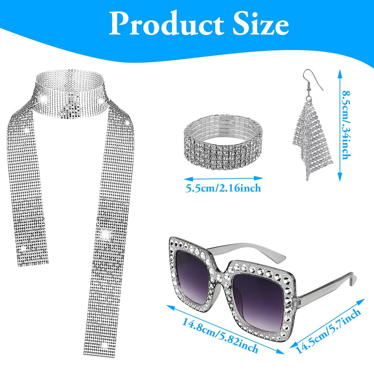 Set di accessori per costume da discoteca anni '70, costume da discoteca anni '70, per donne e ragazze, con paillettes, sciarpa, orecchini, montatura spessa, occhiali da sole e braccialetto, kit per