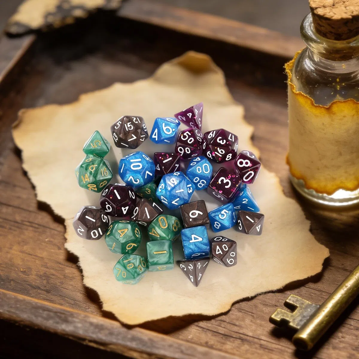 Mini Set di Dadi DND, 4 colori, 7 pezzi di Dadi Poliedrici in Acrilico, D4, D6, D8, 2 D10 (00-90 e 0-9), D12 e D20, Regali D&D con Sacchetto Regalo, Accessori per RPG, MTG, Caffè + Blu + Verde + Viola
