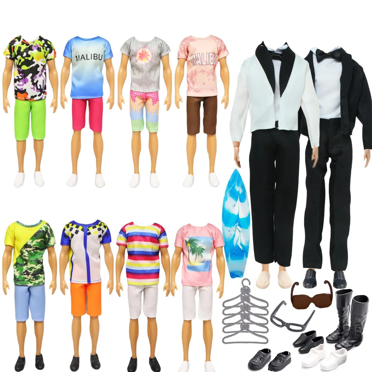26 vestiti per bambole compatibili con Ken Abbigliamento e accessori, 1 set di vestiti, 5 vestiti per il tempo libero, 5 pantaloni, 12 scarpe, 5 ripiani per vestiti, 1 casco, 1 cuscinetto
