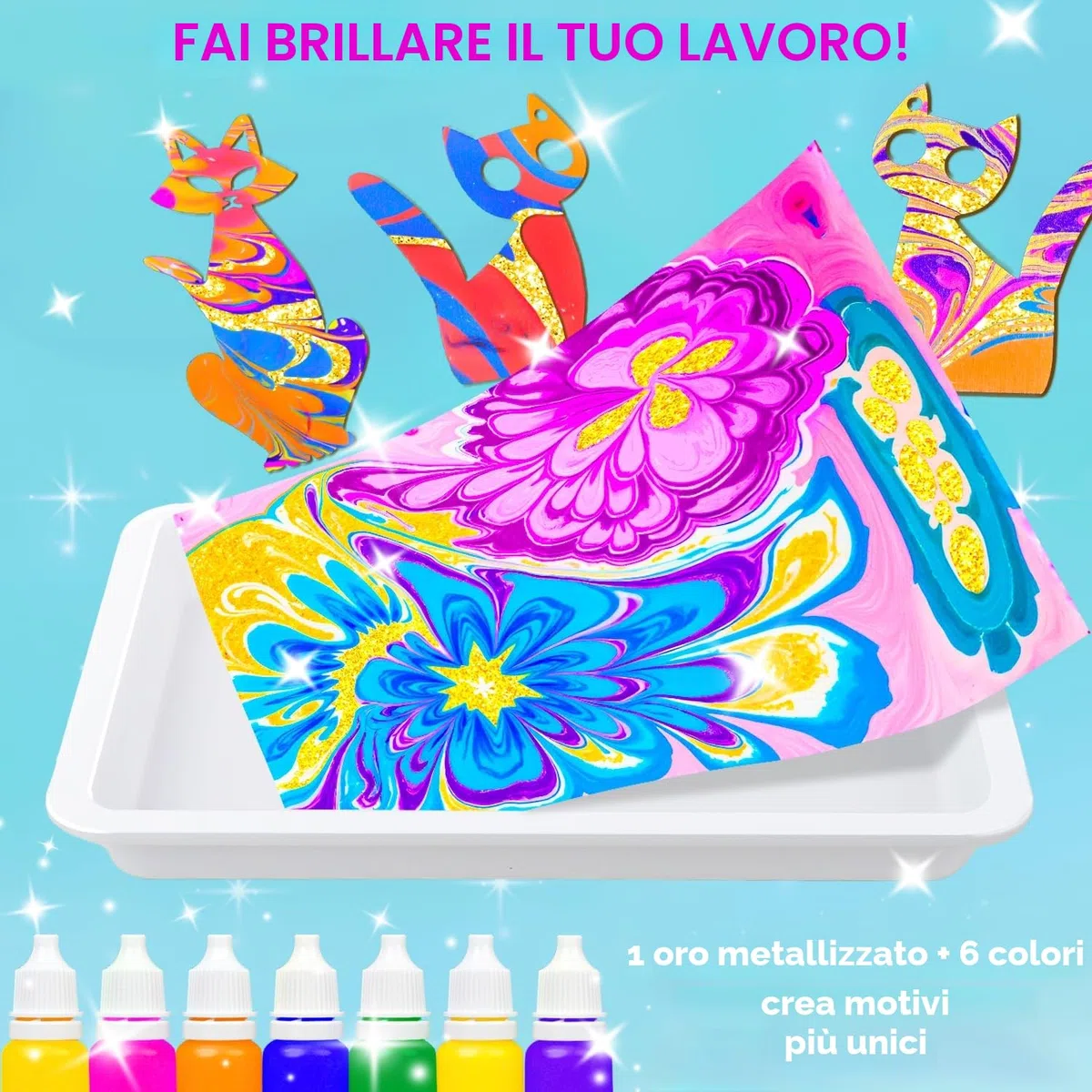 MOMUSE Kit di Pittura per Bambini con 2 Vassoi, Giochi Creativi Bambina 6 anni, Pittura Marmorizzata Pezzi di Legno a Forma di Gatto, Regalo Bambina Bambini 6 8 9 10 12 anni