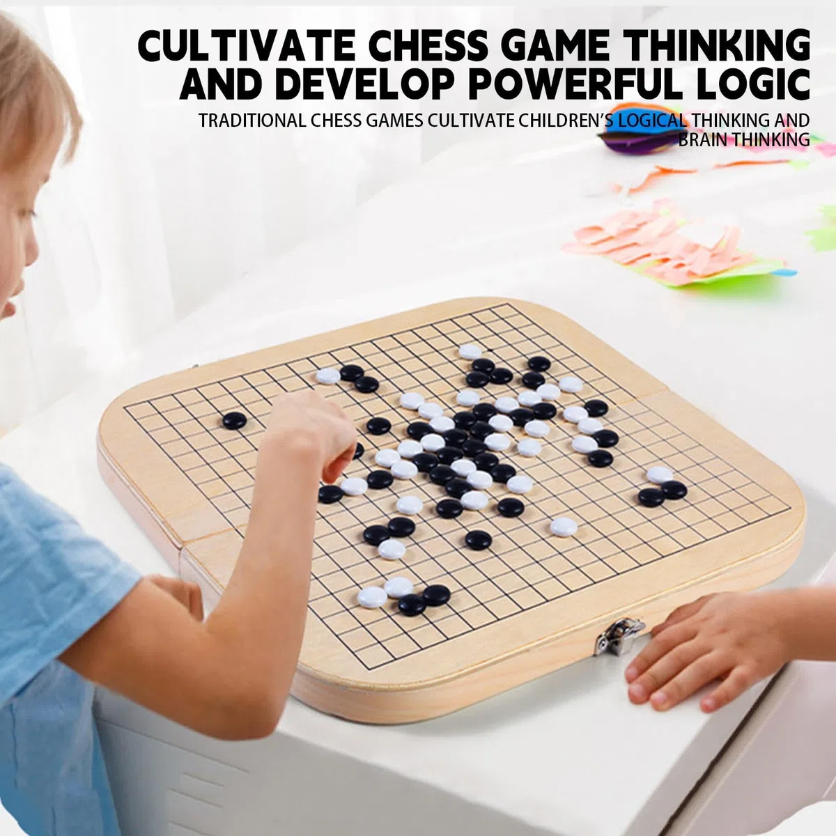 Gioco Go in legno, gioco da tavolo Go - Gioco educativo Go, gioco Go pieghevole per bambini, set da tavolo, campeggio, viaggi, feste, Go Gomoku Scatola portaoggetti pieghevole in legno 2 in 1, set da
