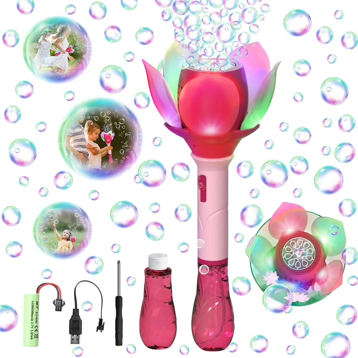 Automatico Macchina Bolle di Sapone, Fiore Macchina Bolle di Sapone, Bacchetta Magica Pistola a Bolle di Sapone Elettrica per Bolle per Bambini, Pistola a Bolle per Bambini per All'aperto Matrimonio