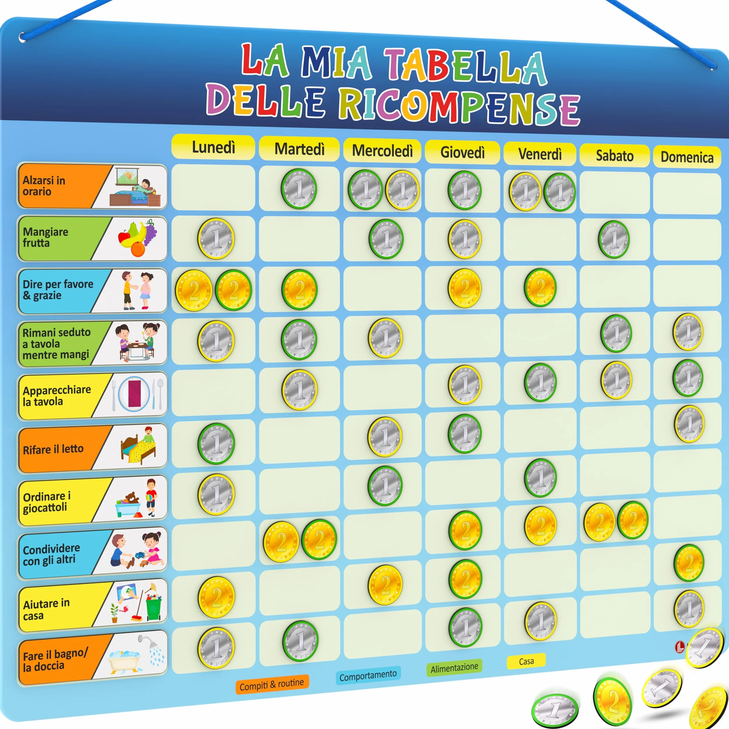 LIKARTO® Tabella delle ricompense per bambini - incl. 280 magneti - Sistema di ricompense per bambini, agenda dei compiti Montessori, indipendenza ludica, tabella magnetica, tabellone dei premi