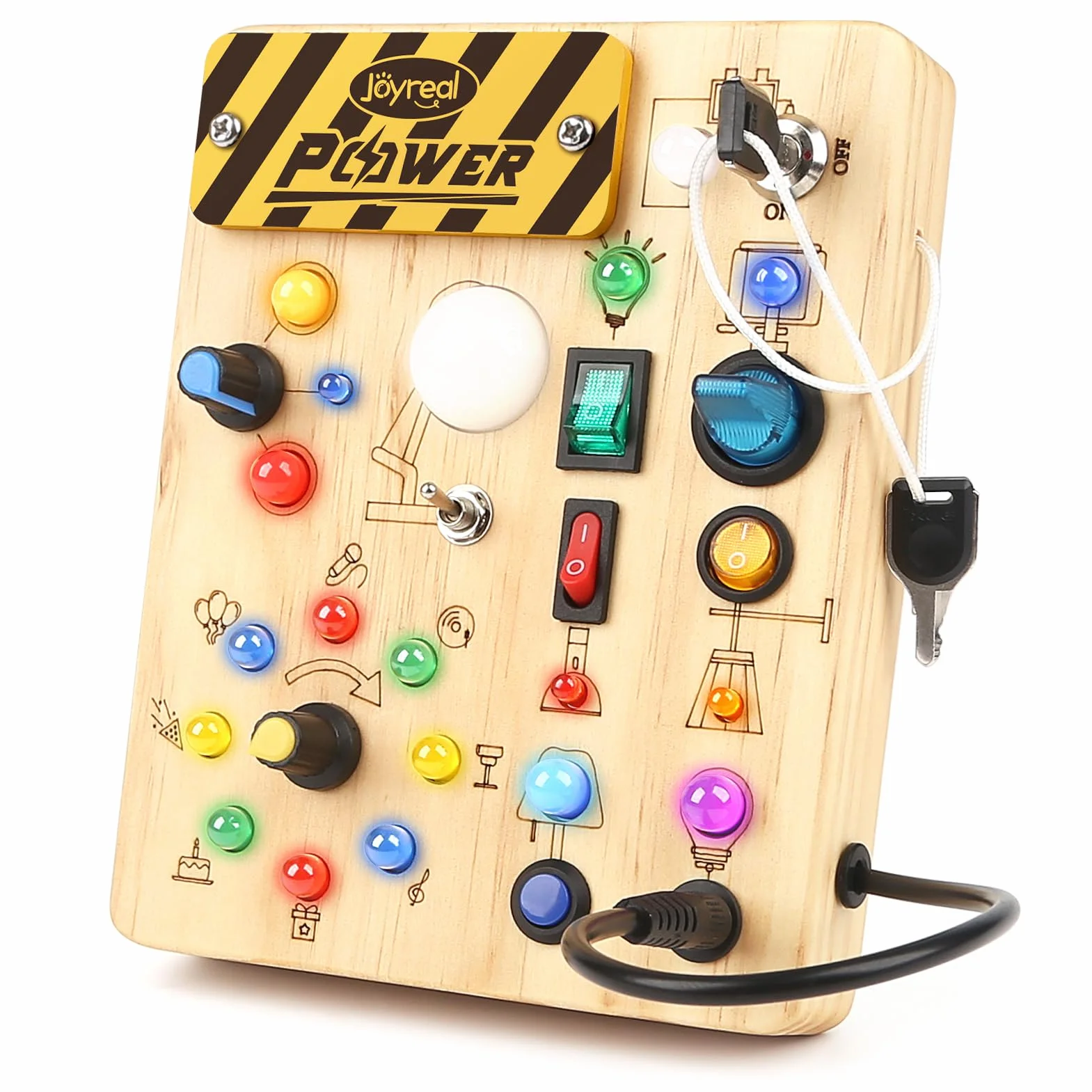 Joyreal Montessori Busy Board, Pannello Sensoriale Bambini Montessori in Legno con 19 LED, Giochi Educativi Regalo Bimbo 1 2 3 Anni, Tavolo Multiattivita Bambini