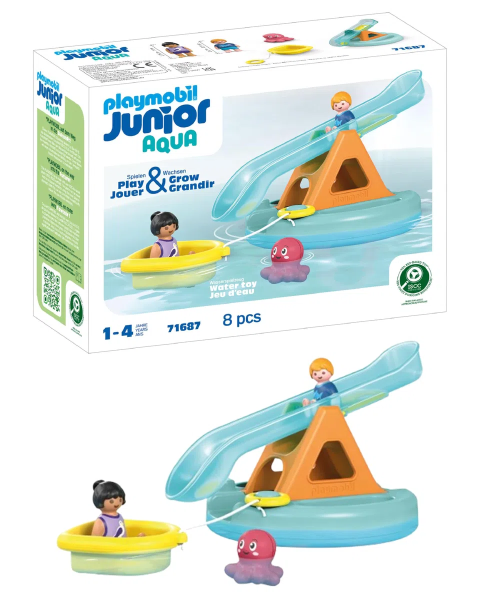 PLAYMOBIL Junior AQUA 71687 Isola con dondolo acquatico, inclusi isola e rifugio per animali, giocattolo sostenibile realizzato in plastica a base vegetale, bambini dai 12 mesi in su