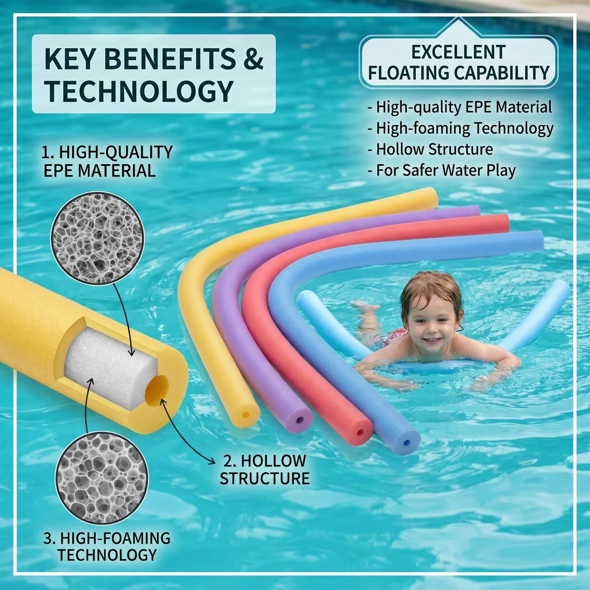 4 pezzi di tubi galleggianti in schiuma per piscina, tubi galleggianti morbidi, grandi e spessi, cavi, in schiuma cavi per l'allenamento acqua, progetti fai da te, 150 cm