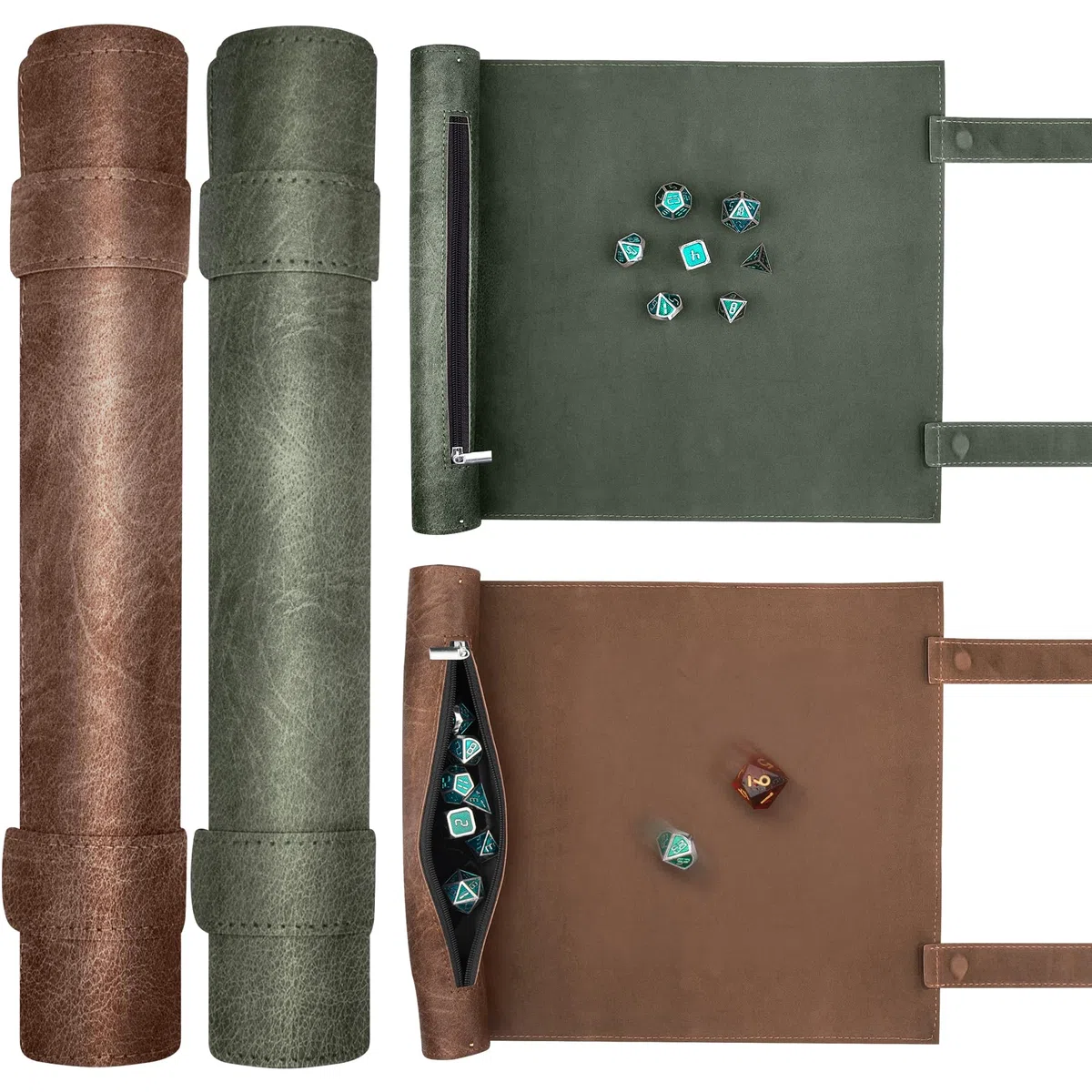 SIQUK 2 Pezzi Tappetino per Dadi in Pelle 2 in 1 Vassoio Pieghevole con Cerniera e Custodia Borsa Porta e Tavola Dadi per DND RPG (Verde, Cammello)