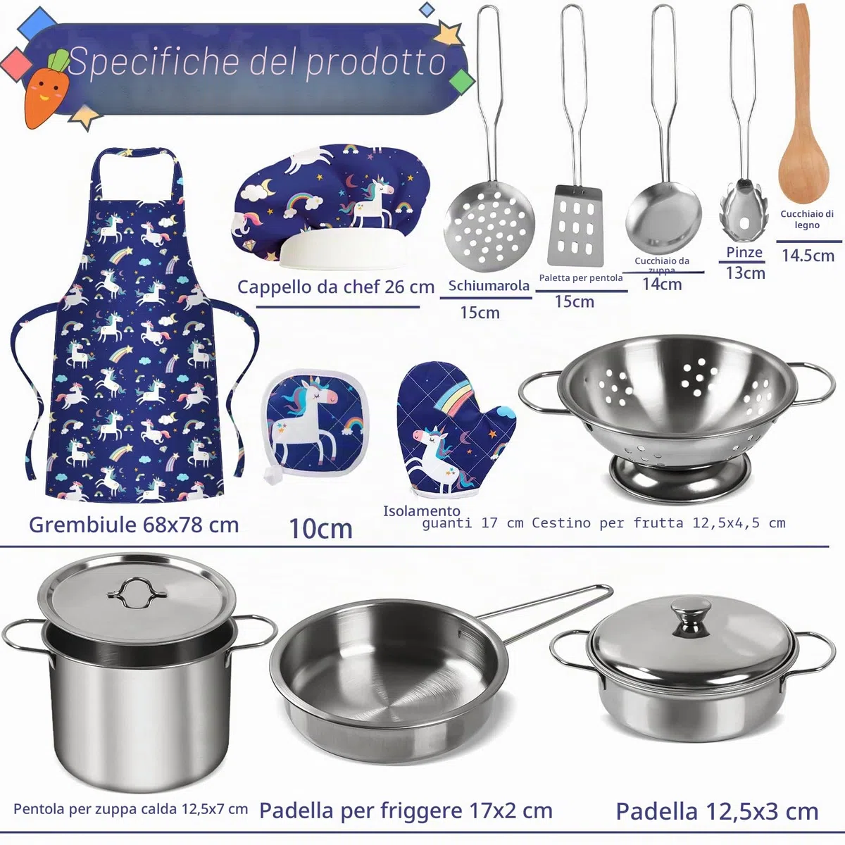 30 Pezzi Giocattoli da Cucina per Bambini, Set di Pentole e Padelle in Acciaio Inossidabile, Utensili da Cucina, Grembiule e Cappello da Cuoco
