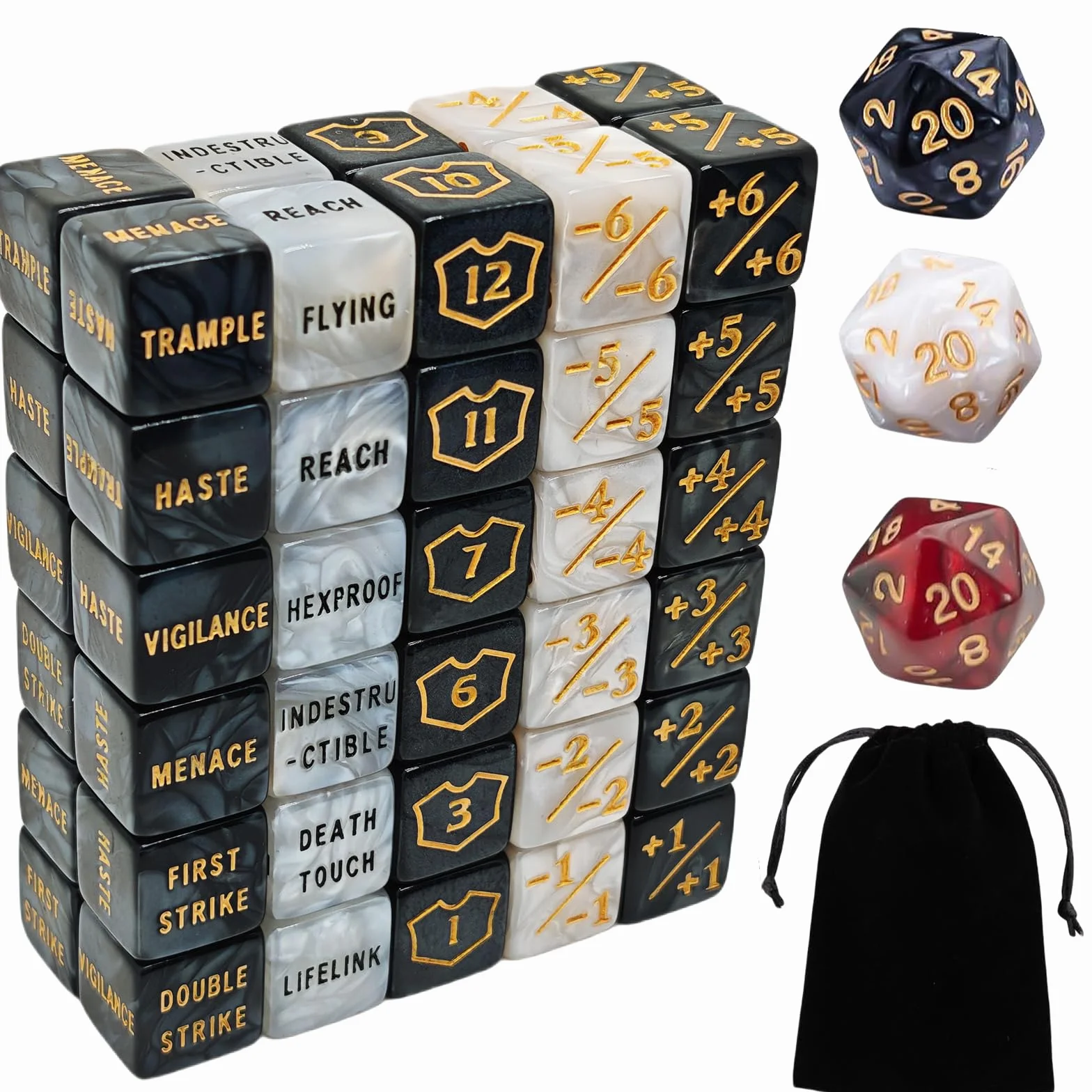 63 PCS MTG Contatori di Dadi - Contatore di Parole Abilità, -1/+1 Life Counter, Shield Life Counter Dice, Marble Colour D6 Dice Dice, per MTG, TCG, Giochi di Carte