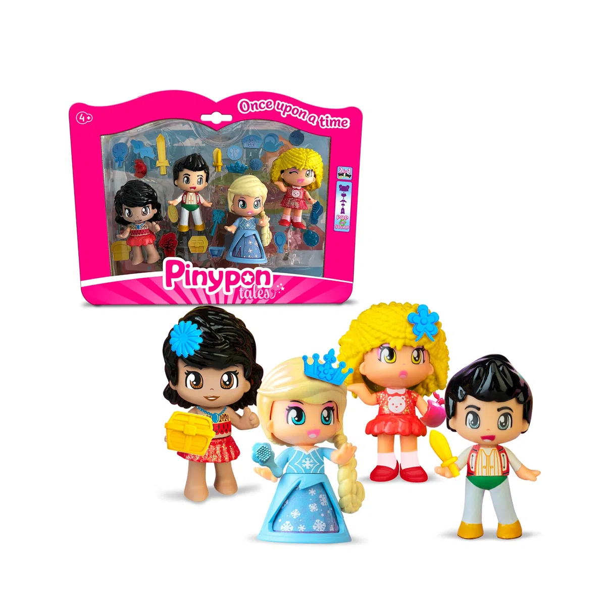 PINYPON SET OF 4 TALE FIG, 4 Personaggi Pinypon favole con gonna girevole con disegni a tema, con 15 accessori a tema, per bambine/i dai 4 anni, Famosa (PNY87000)